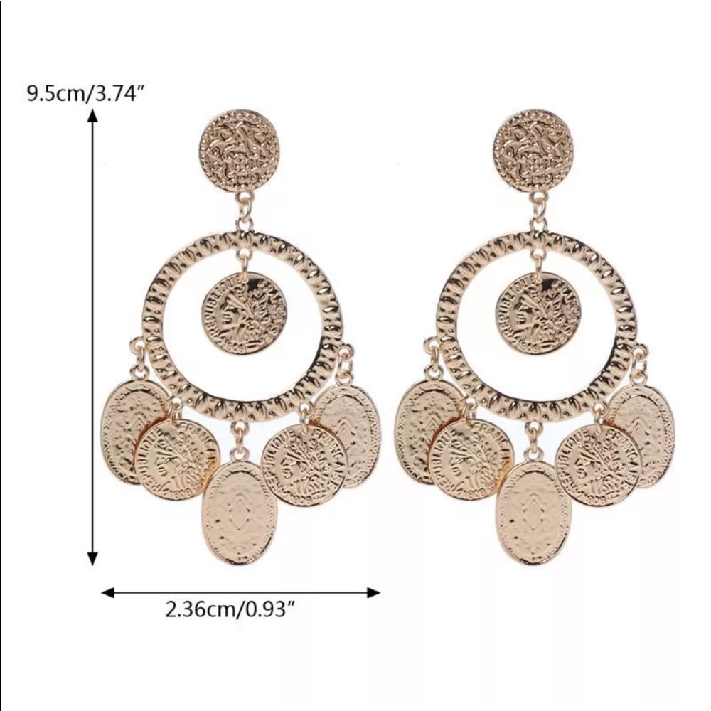 NEW Gold Hoop Coin Dangling Boho Earrings - Picture 2 of 5